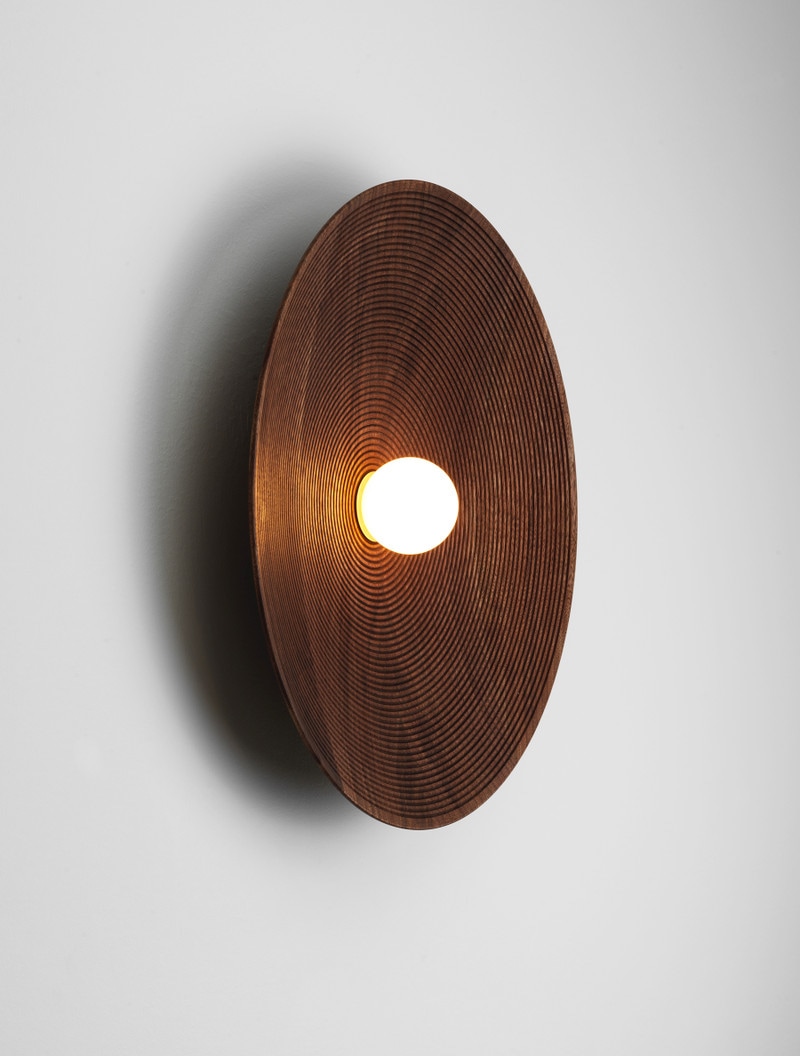Concentric 20" shown in Brass, Black Walnut Dome, Matte White Globe